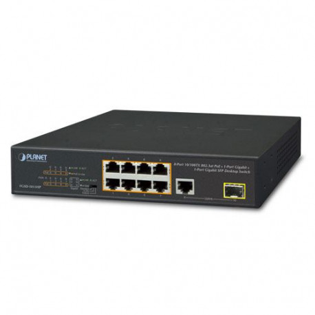 Planet 10-Port Unmanaged PoE Switch (8-Port 100Mbps 802.3at PoE (120 watts) 1-Port Gbe 1-Port 100 1000X SFP) Desktop Switch