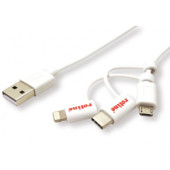 Roline USB2.0 kabel za punjenje i prijenos podataka, 8pin + MicroB + Type-C, 1.0m, bijeli