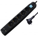 Transmedia 5-way power strip with 2x USB, black, 3m
