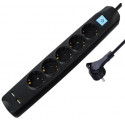 Transmedia 5-way power strip with 2x USB, black, 5m