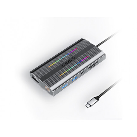 Priključna postaja USB-C 12 v 1, 1x USB-C 3.1, 4x USB-A, USB-C PD100W, 1x HDMI 4K@30Hz, VGA, SD+TF, RJ45, AUX, Aluminij, siva