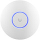Ubiquiti U6+ access point. WiFi 6 model with throughput rate of 573.5 Mbps at 2.4 GHz and 2402 Mbps