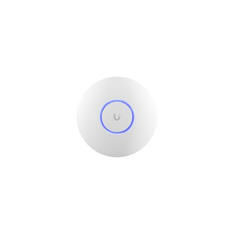 Ubiquiti U6+ access point. WiFi 6 model with throughput rate of 573.5 Mbps at 2.4 GHz and 2402 Mbps