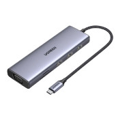 UGREEN 10-portni USB-C HUB 3×USB-A 3.0, 1xUSB- C PD, VGA, HDMI, 1xG-LAN, 1xSD, 1xTF, 3.5mm, sivi