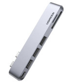 UGREEN 6-portni Dual USB-C HUB 3xUSB-A 3.0, 1xTF, 1xSD, 1xUSB-C, za MacBook Pro/Air, sivi