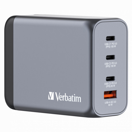 Verbatim GNC-200 GaN zidni punjač 200W, 4 priključka, 2 x USB-C PD 100 W / 1 x USB-C PD 65 W / 1 x USB QC 3.0