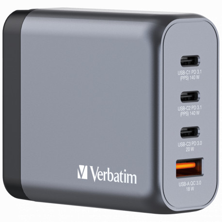 Verbatim GNC-140 GaN zidni punjač 140W, 4 priključka, 2 x USB-C PD 140 W / 1 x USB-C PD 20 W / 1 x USB-A QC 3.0