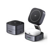UGREEN 2in1 Qi2 Magnetic Foldable punjač, 15W, za Iphone 12-16, AirPods 3/2/Pro, sivi