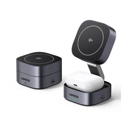 UGREEN 2in1 Qi2 Magnetic Foldable punjač, 15W, za Iphone 12-16, AirPods 3/2/Pro, sivi