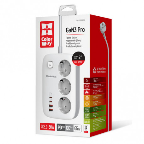Power socket ColorWay 3 power sockets/4USB GaN3 Pro PD (2USB-A + 2 TYPE C) (65W) 2M white