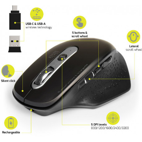 Port miš OFFICE EXE punjivi WL+BT, USB-A/C, crni