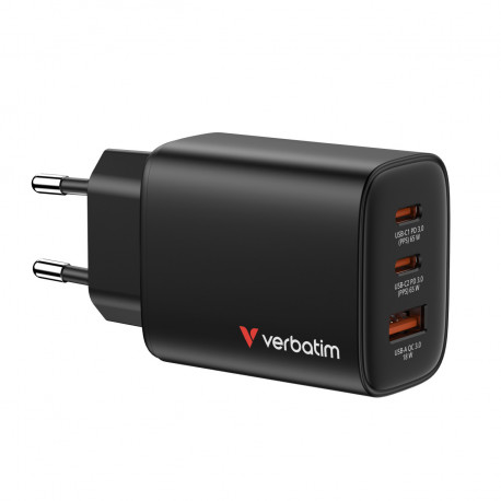 Verbatim GaN Essentials zidni punjač 65W, 2× USB-C i 1× USB-A, crni