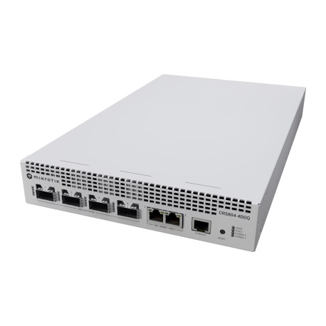 Mikrotik Cloud Router Switch CRS804-4DDQ-hRM, 48xG-LAN (svi PoE-out), 2x10G SFP+, 4x400G QSFP56-DD utora, RouterOS v7, 1U rac