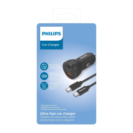 Philips auto punjač, USB-A/USB-C, 36W + kabel