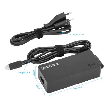 Manhattan punjač za laptop 65W USB-C, crni