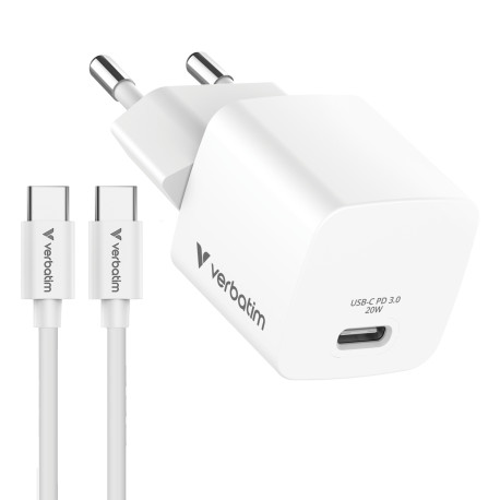 Verbatim Mini GaN punjač 20W PD3.0  s kabelom USB-C / C, M/M, 1.0m , bijeli