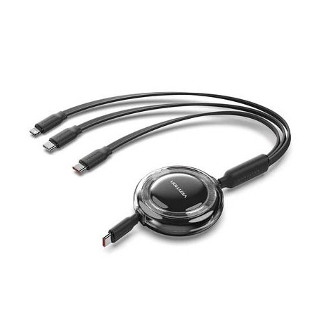 Vention 3-in-1 USB 2.0 Type-C Male to USB-C Male USB-C Male Lightning Male 5A Retractable Cable 1.1M Black