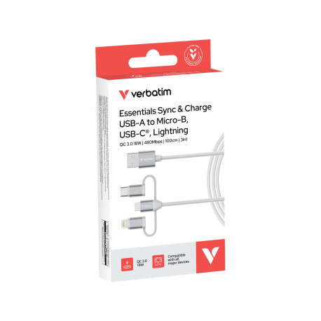 Verbatim Sync & Charge kabel 3-u-1 USB-A na Micro-B/USB-C/Lightning, M/M, 18W, bijeli, 1.0m