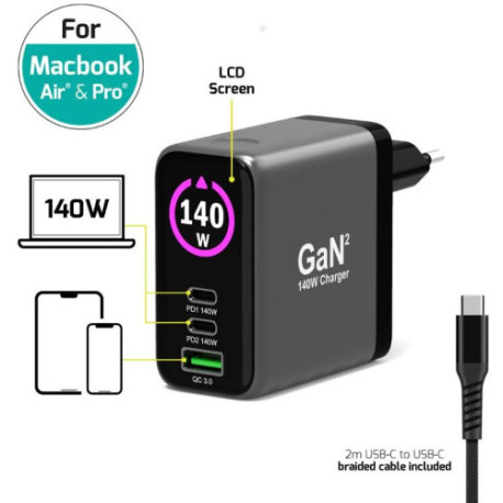 Port zidni punjač 140W type C,GaN2+USB-C kabel 2m